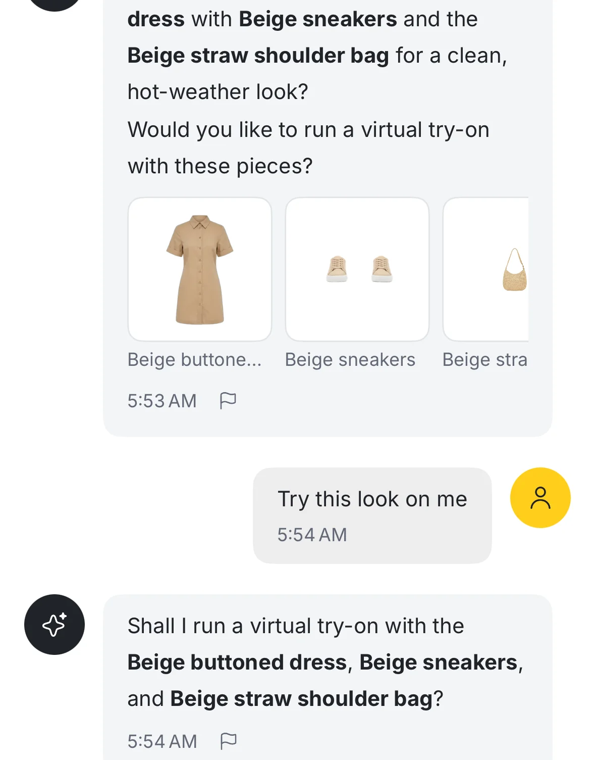 A Fashion Frame AI Stylist conversation suggesting a beige dress, sneakers and a straw bag and offering a virtual try-on