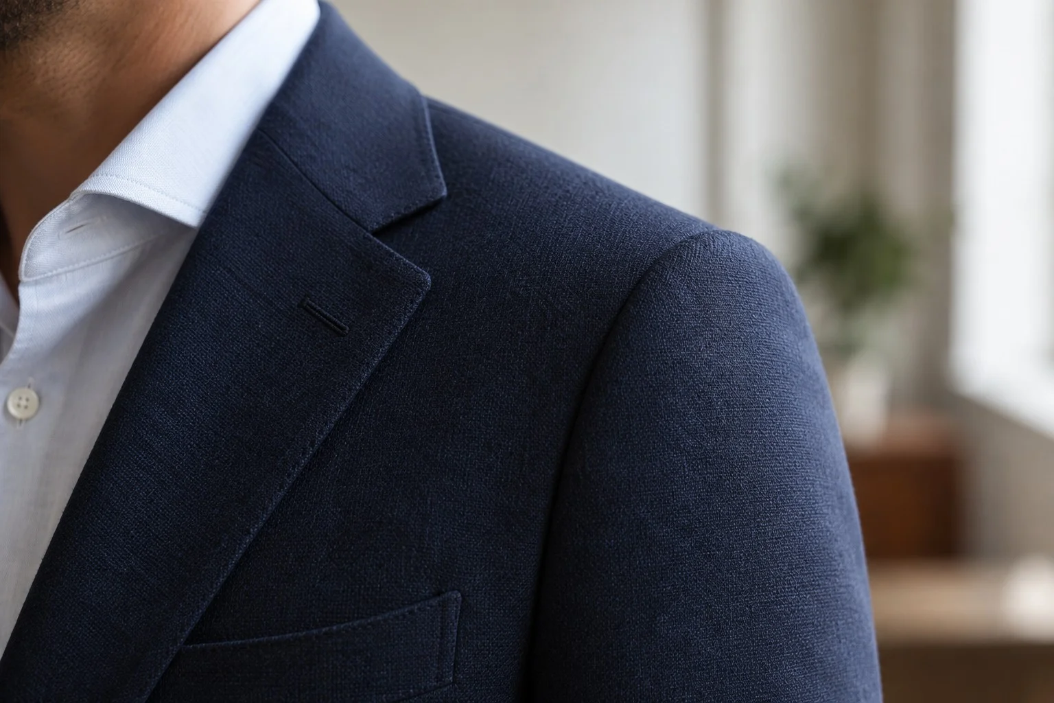 Close-up of a blazer shoulder seam sitting at the edge of the shoulder