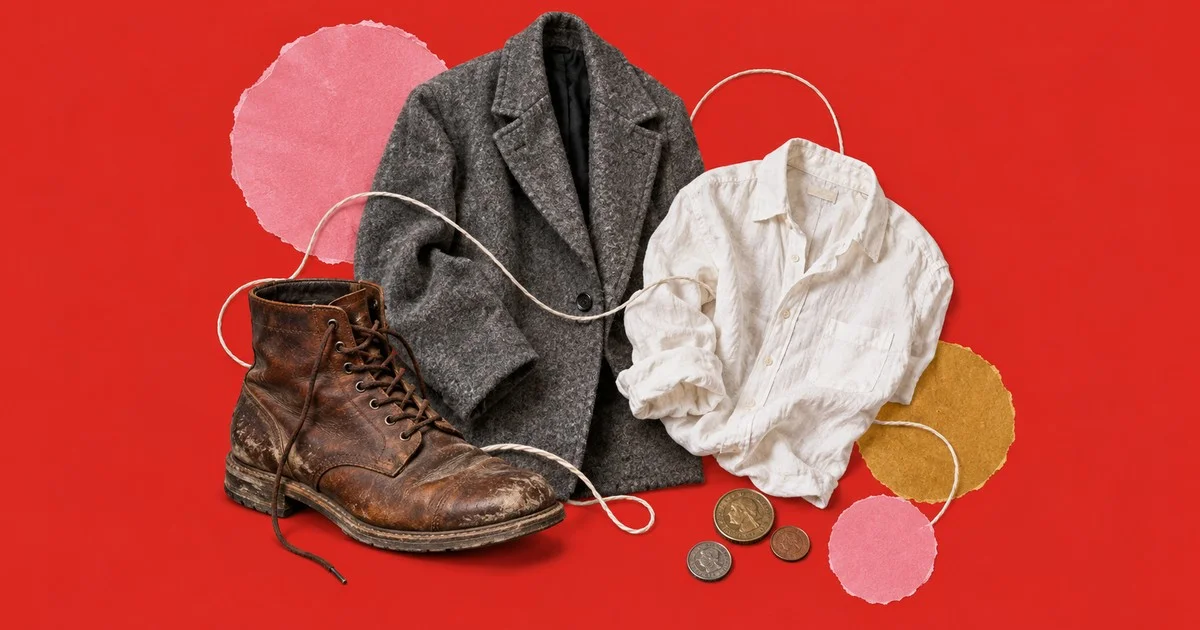 Paper collage of a worn boot, a wool coat and a linen shirt on a red background