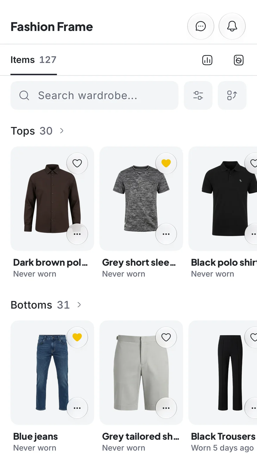 The Fashion Frame Wardrobe grouped into tops and bottoms with wear status under each item