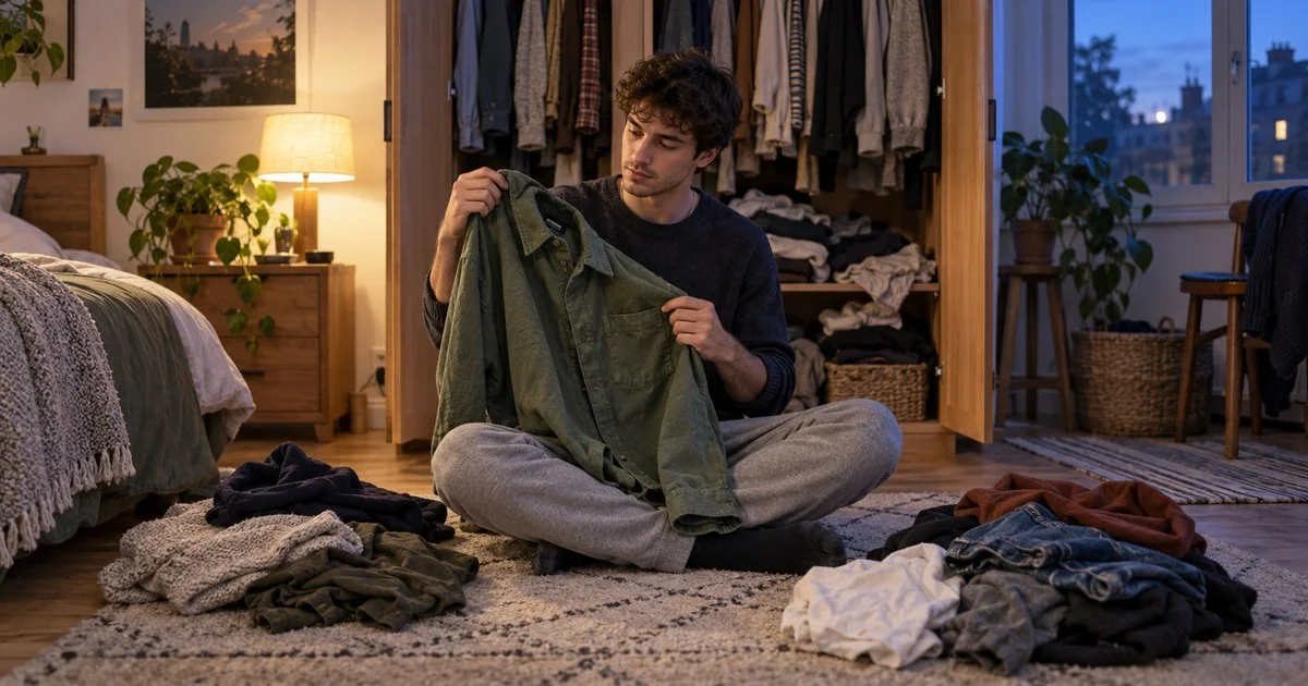 Young man on a bedroom floor in front of an overflowing wardrobe, holding a green overshirt