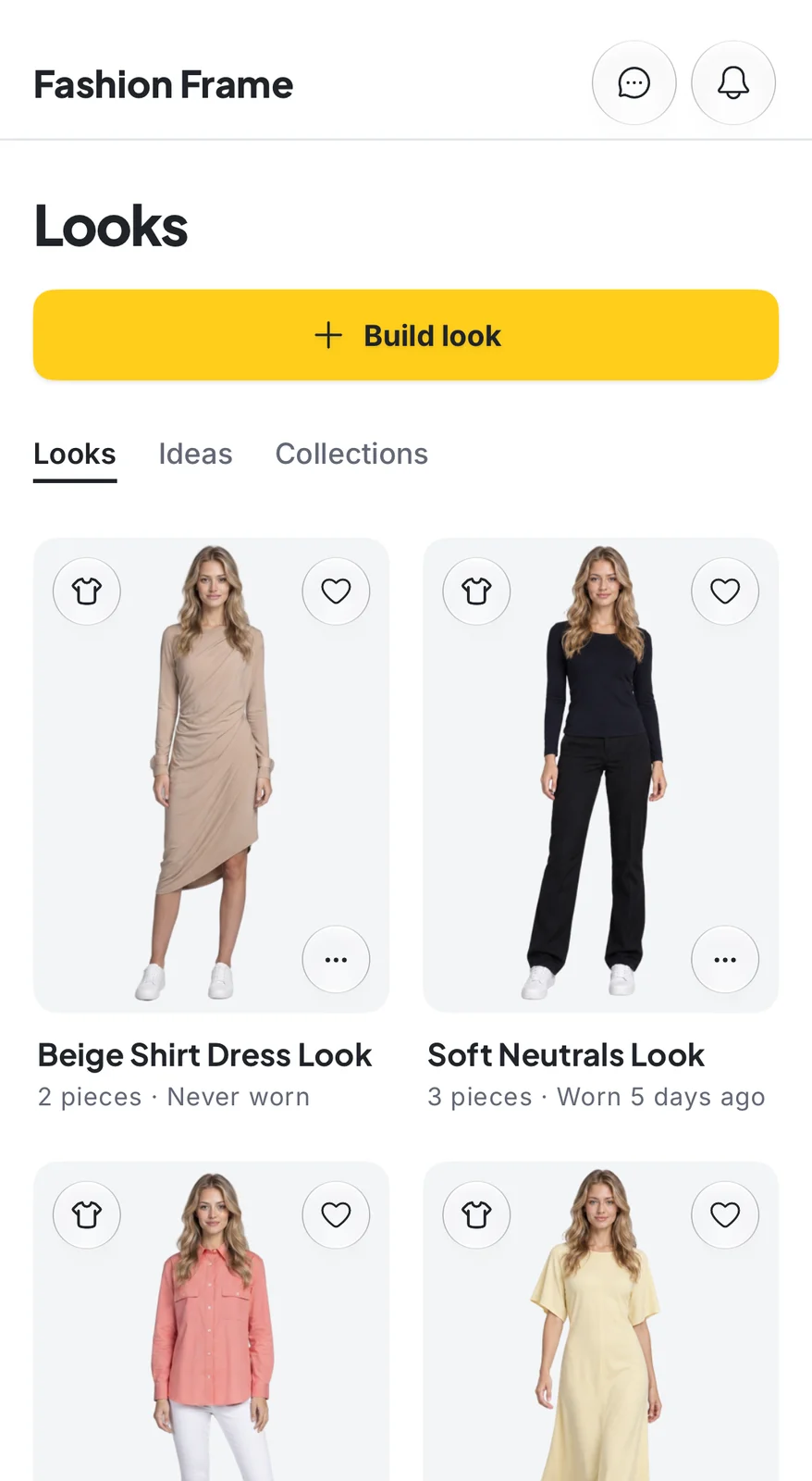 Saved looks in Fashion Frame, each previewed on a model photo