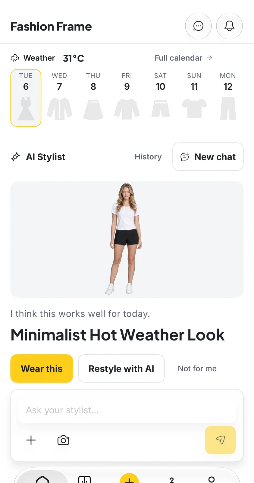 Fashion Frame Home showing today's weather, the week ahead and an AI Stylist suggestion for today
