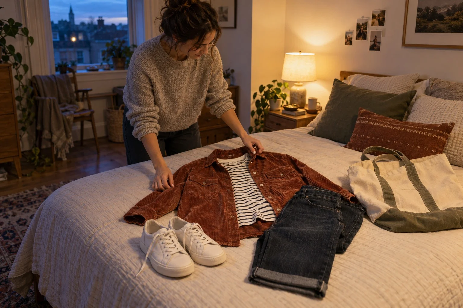 Tomorrow's outfit laid out on a bed under lamp light