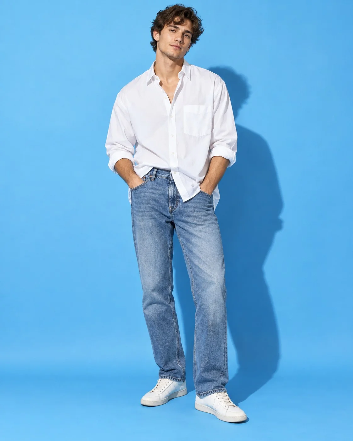 Oversized shirt front-tucked into straight jeans with low sneakers