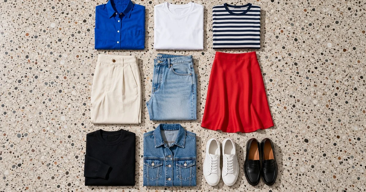 Capsule wardrobe pieces arranged in a grid on a terrazzo floor