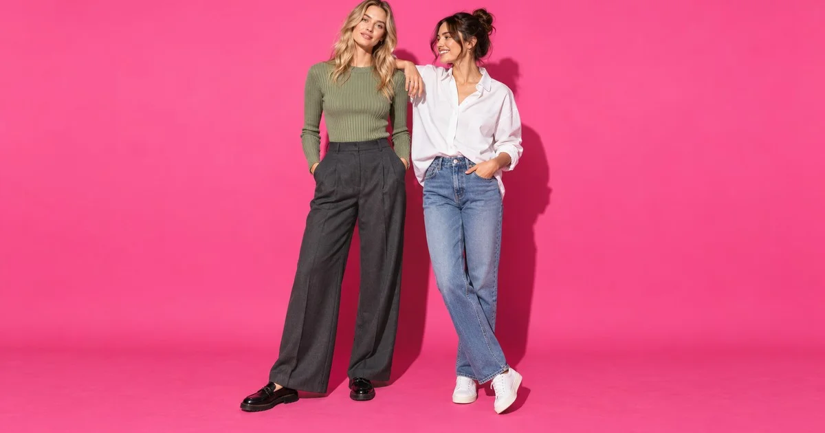 Two people in two outfit formulas against a hot-pink backdrop
