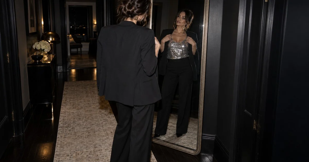 Woman at night checking a sequined top and black blazer in a hallway mirror