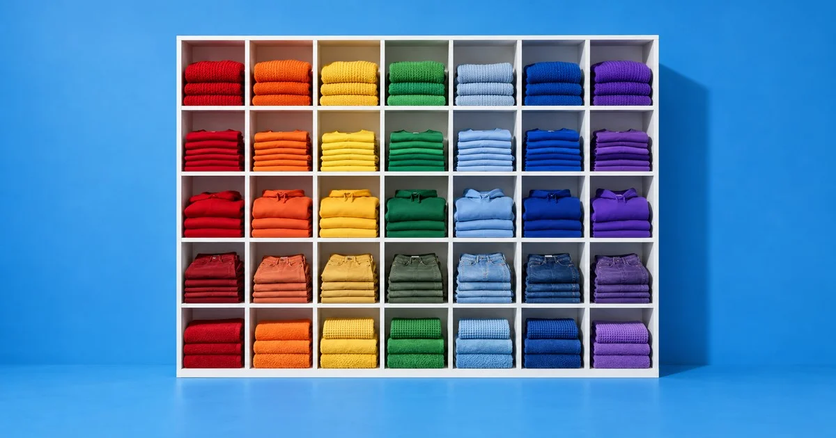 Open shelves of folded clothes arranged in rainbow colour order