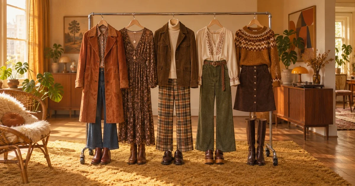 Rolling rail with five outfits in a warm 1970s-style room