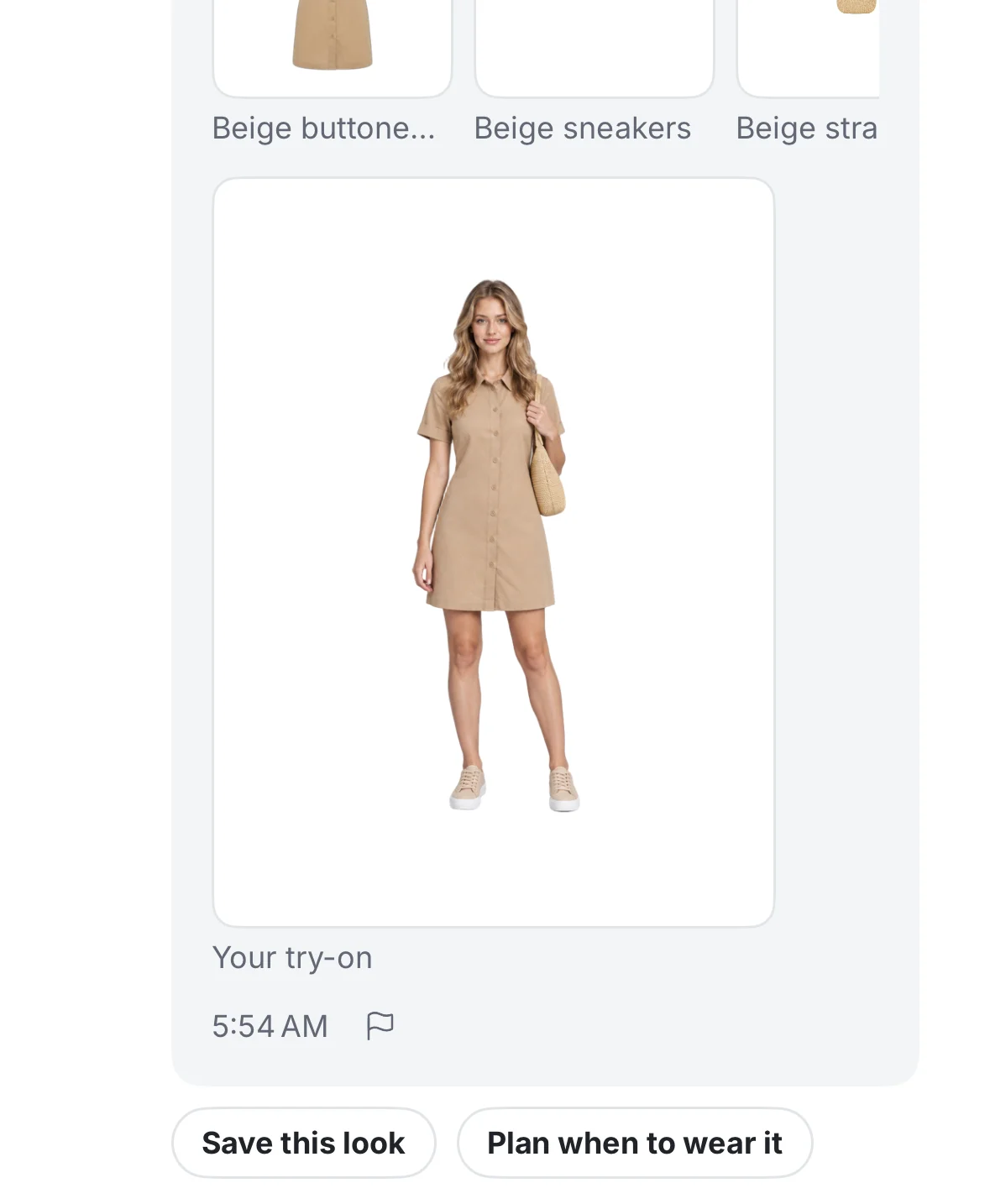A virtual try-on result in the Fashion Frame AI Stylist chat with Save this look and Plan when to wear it