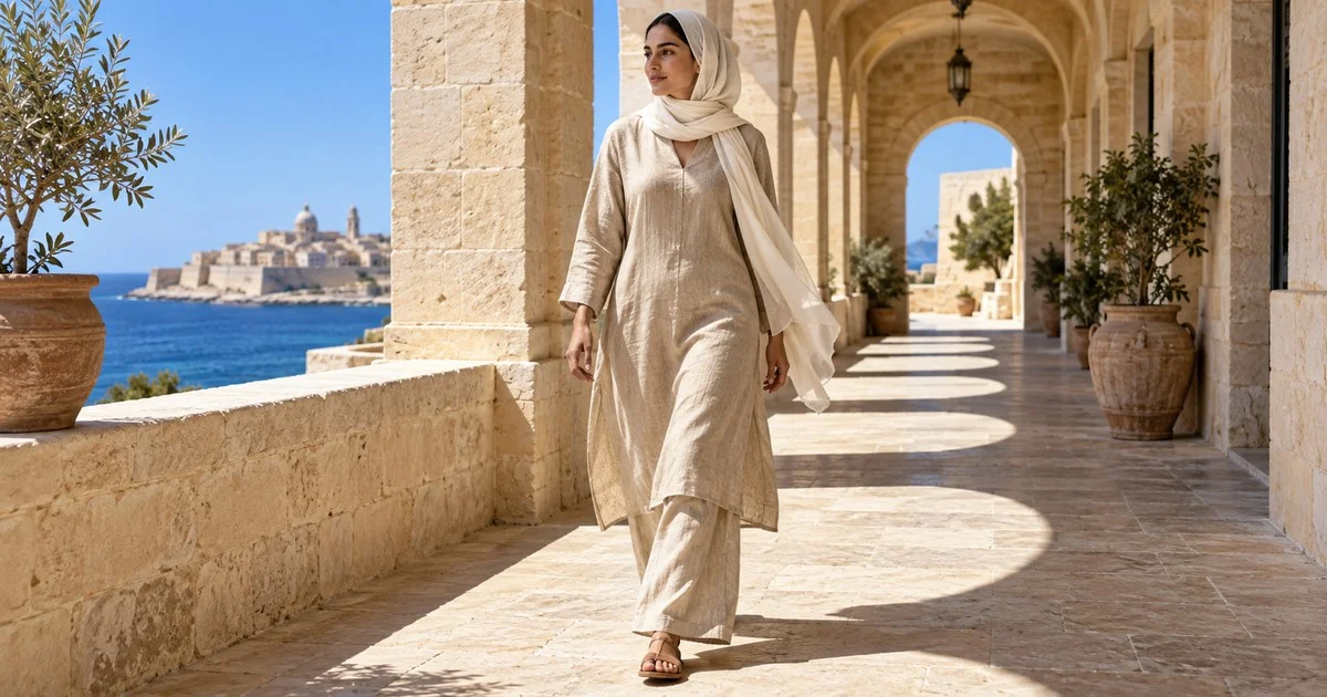 Woman in a loose linen tunic, wide trousers and light headscarf in a sunlit arcade