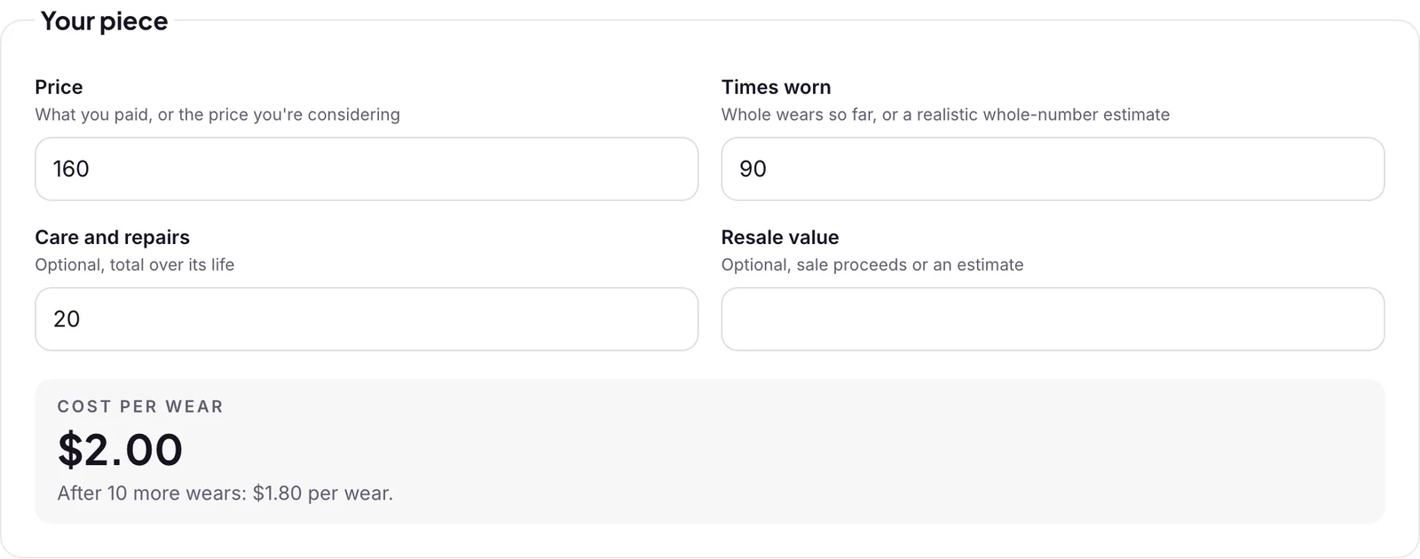 The Fashion Frame cost per wear calculator showing $2.00 for a $160 coat with $20 of repairs worn 90 times