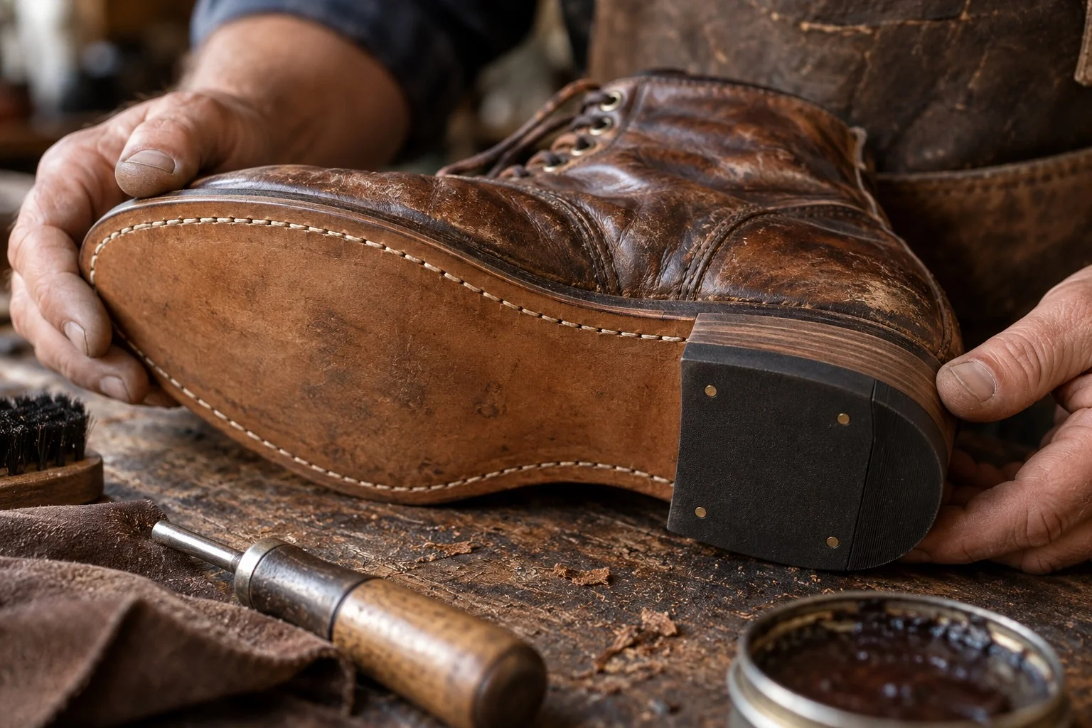 Close-up of a freshly resoled brown leather boot