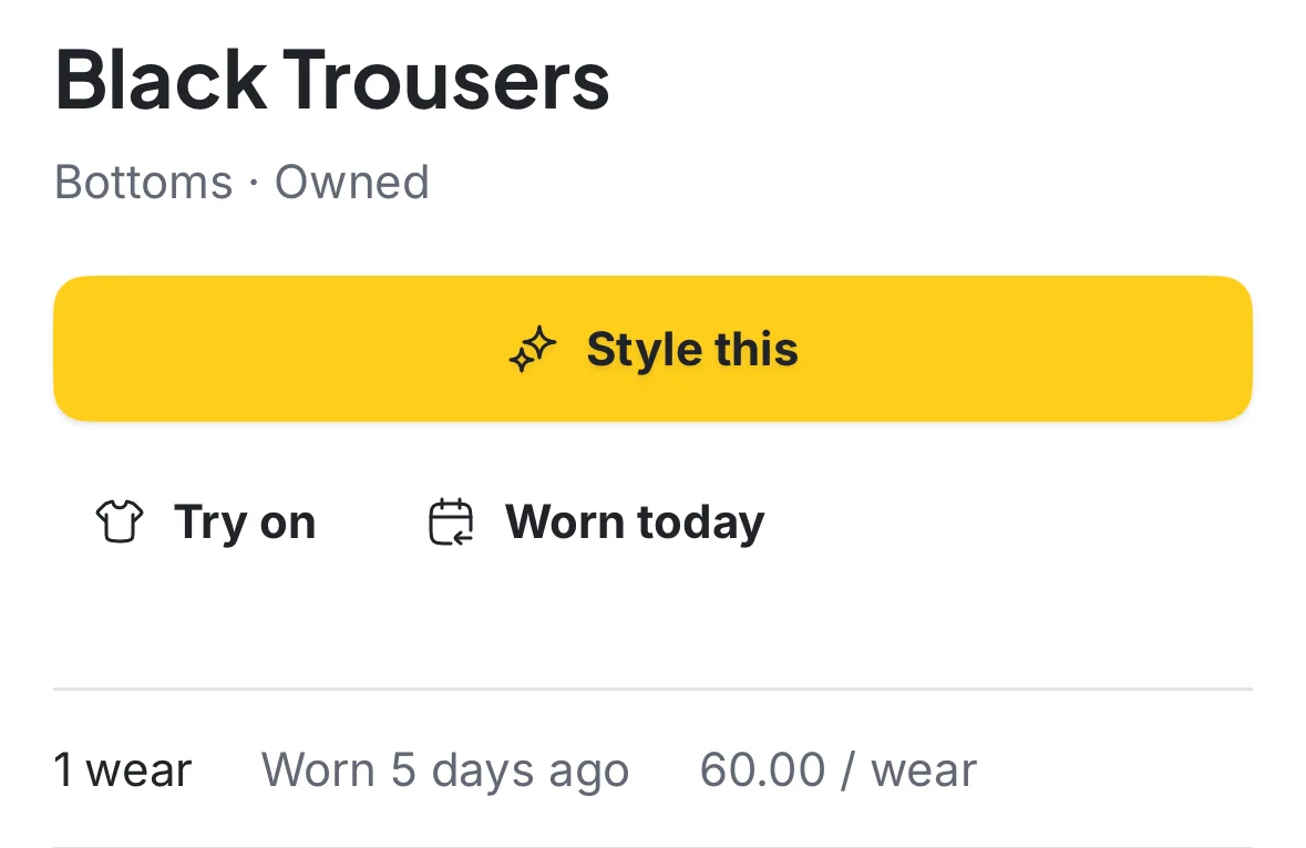 A Fashion Frame item page showing 1 wear, worn 5 days ago, and 60.00 per wear