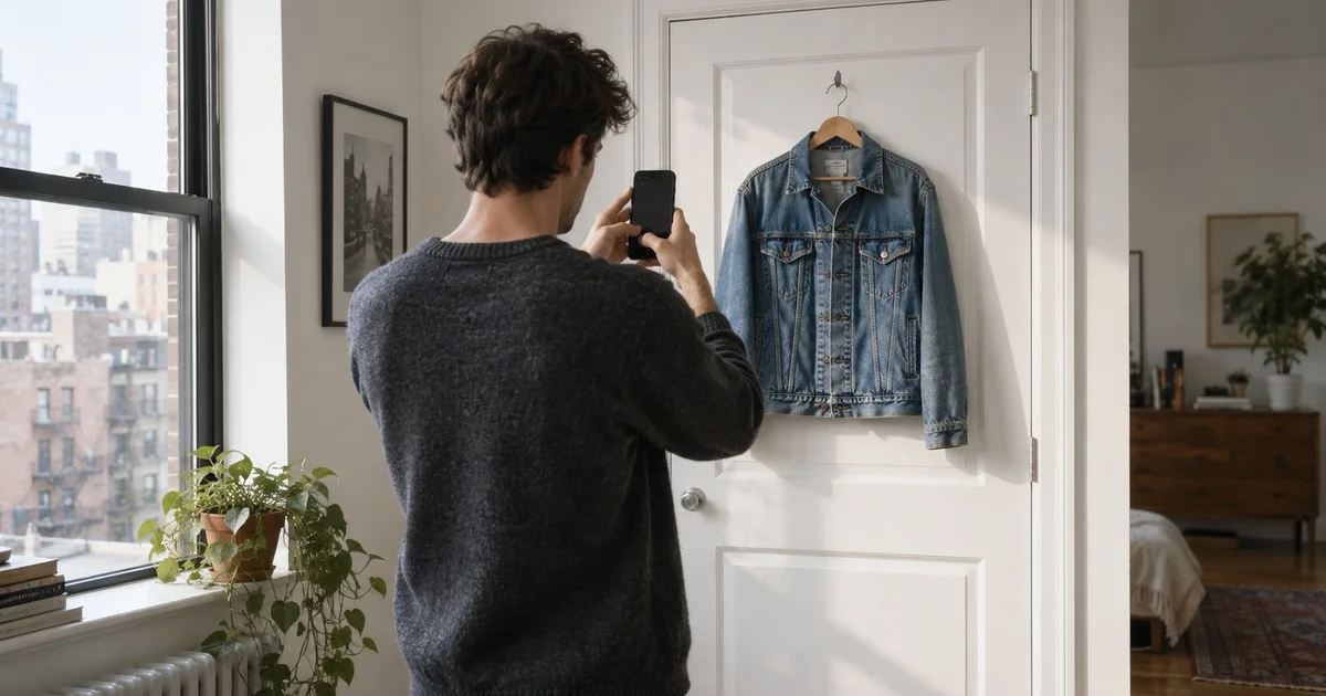 Man photographing a denim jacket hung on a white door by a window