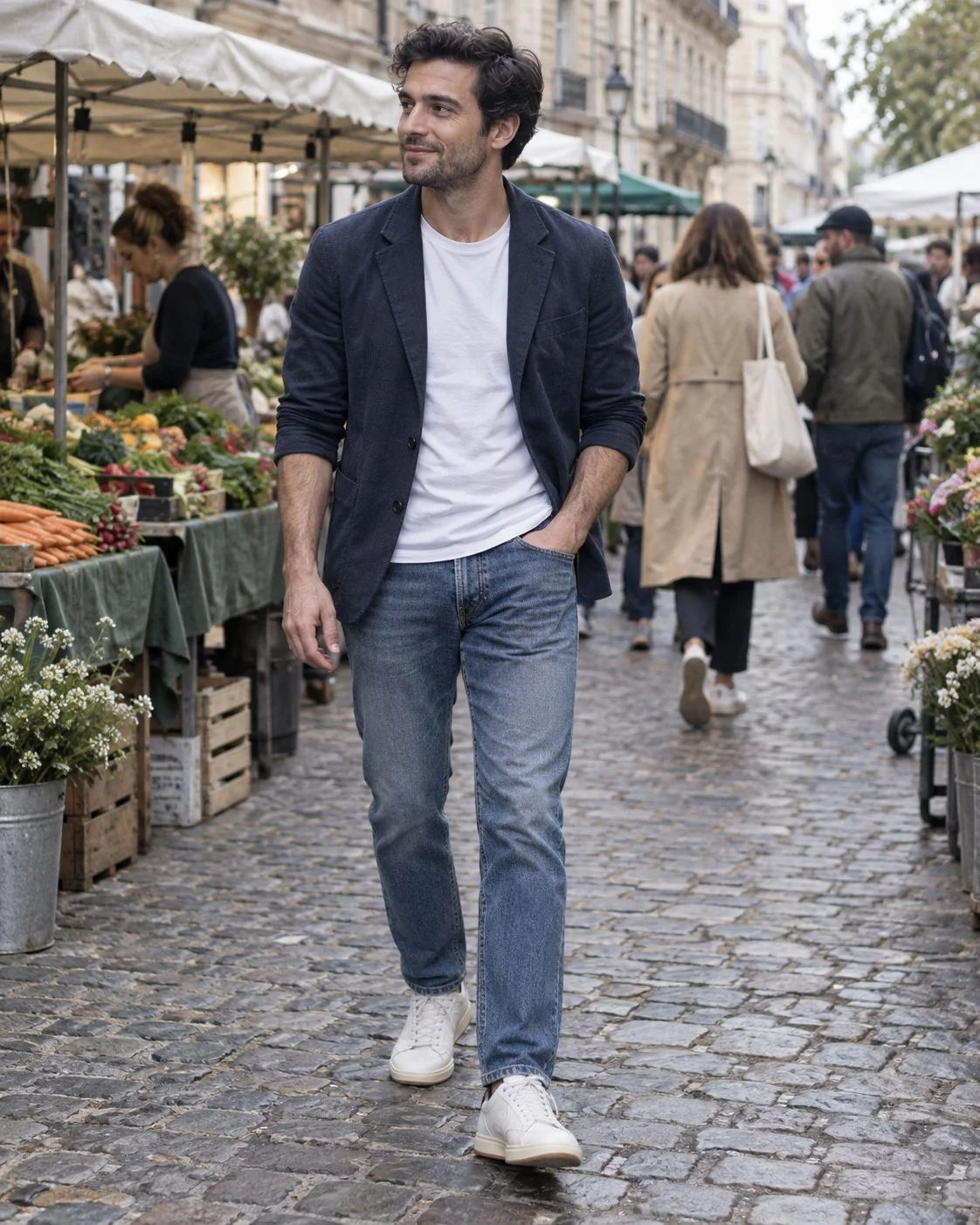 Man in an open cotton blazer, white tee, jeans and leather sneakers
