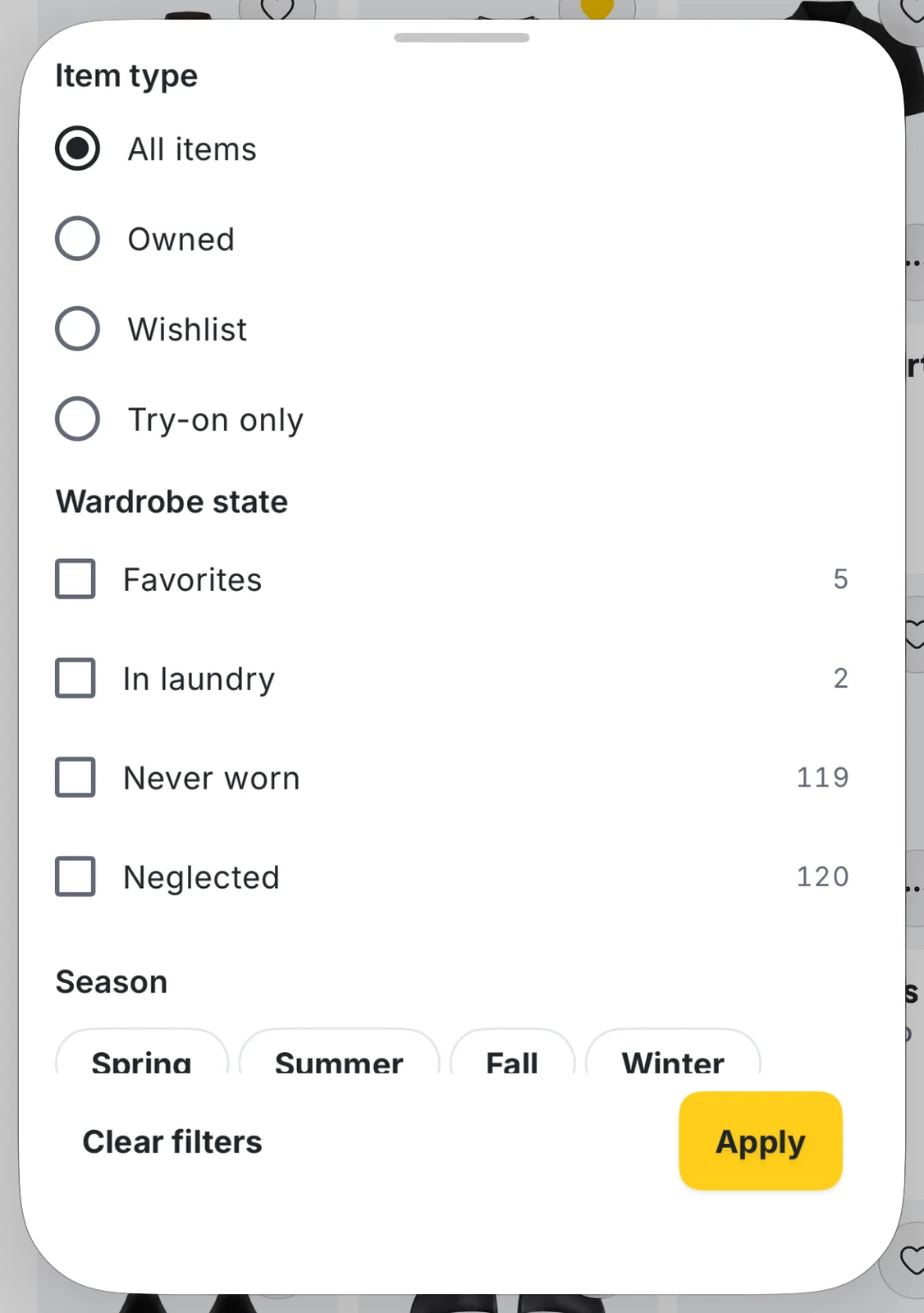 Fashion Frame Wardrobe filters with Never worn, Favorites, In laundry and Neglected options