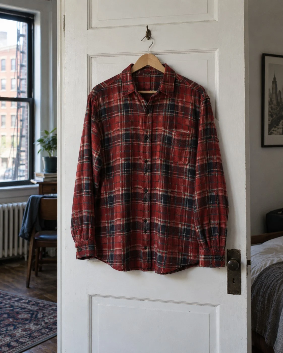 Red check shirt on a hanger on a white door