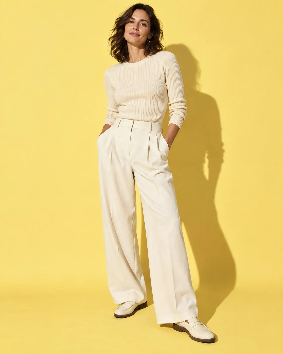Fitted ribbed knit with wide-leg trousers and loafers
