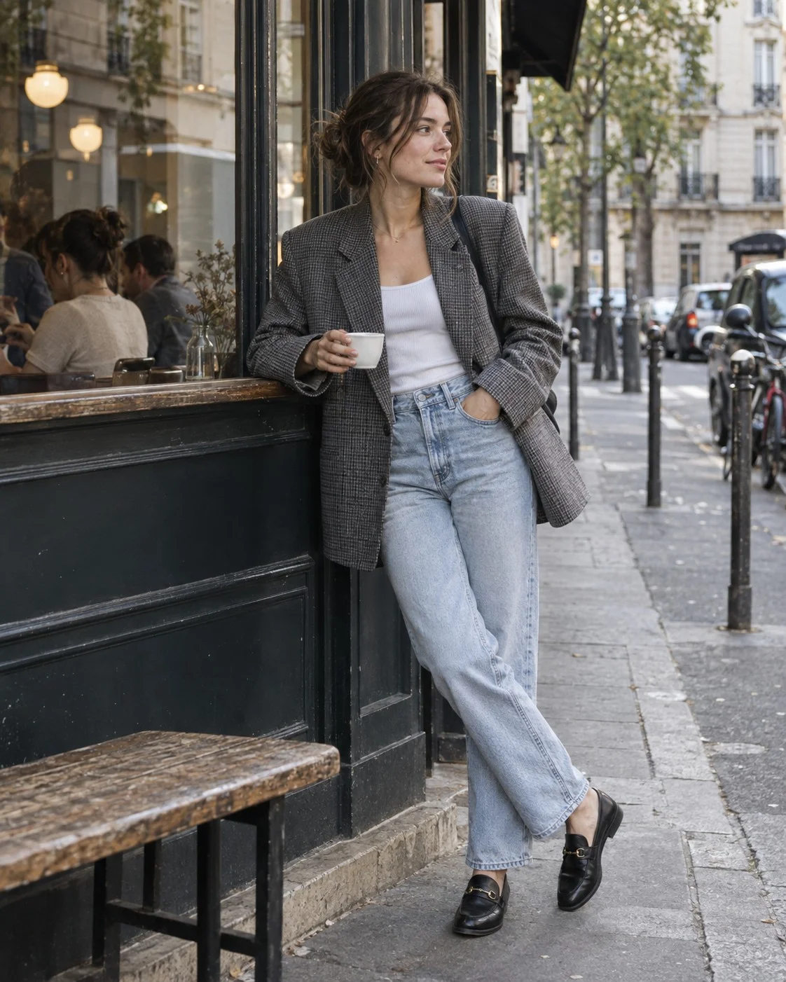 Woman in an oversized grey check blazer, white tank, light jeans and loafers